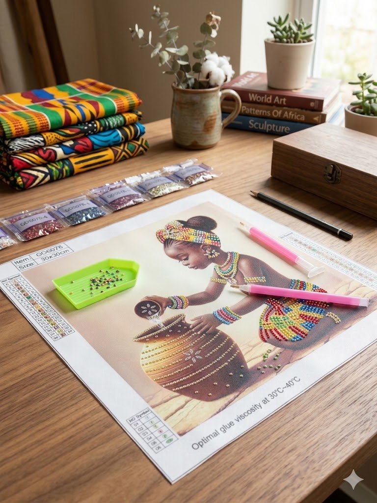 Accessory, african  girl ceramic pot water pouring diamond  painting kit, mix, 12x12