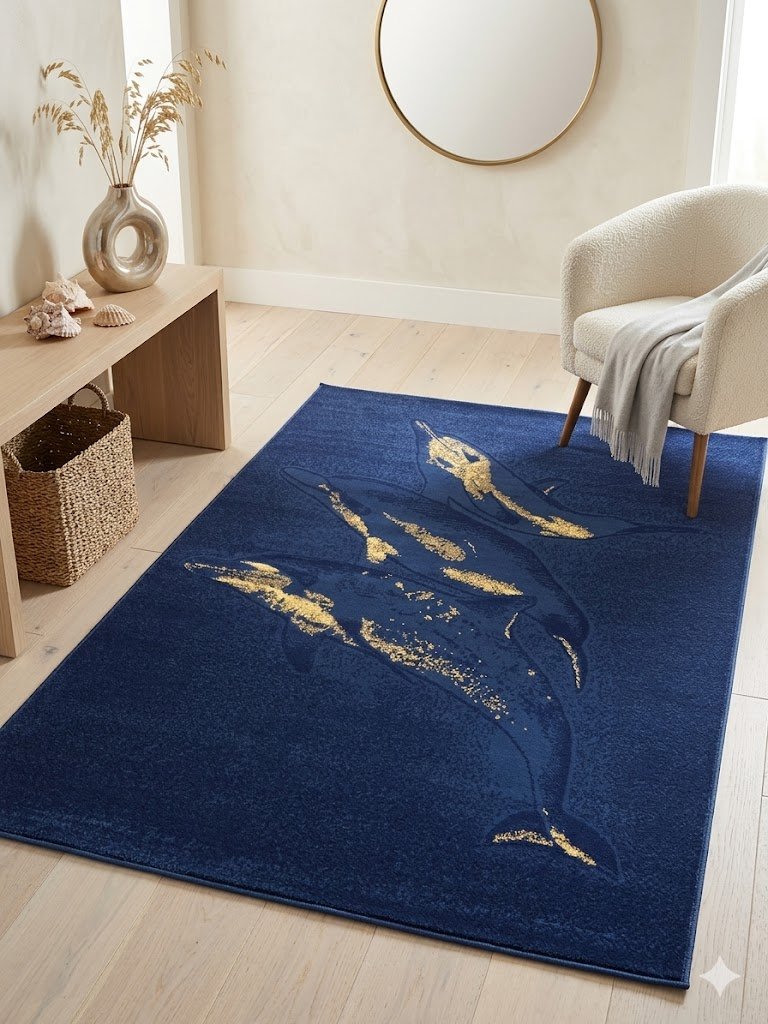 African adventure area rug, Africa dolphin, family, Blue, 5x8