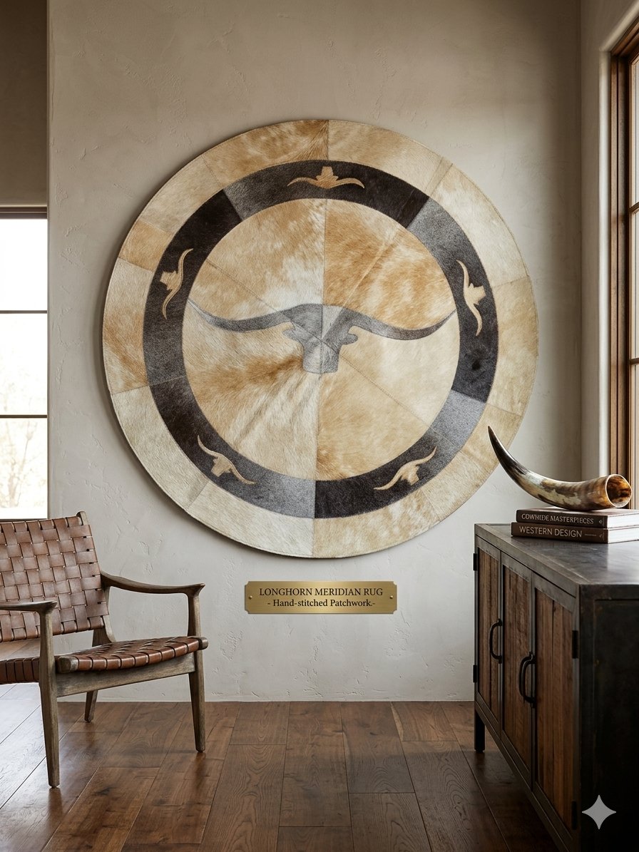 Rug, Hand crafted leather rug, Round cowhide rug longhorn, 3x3