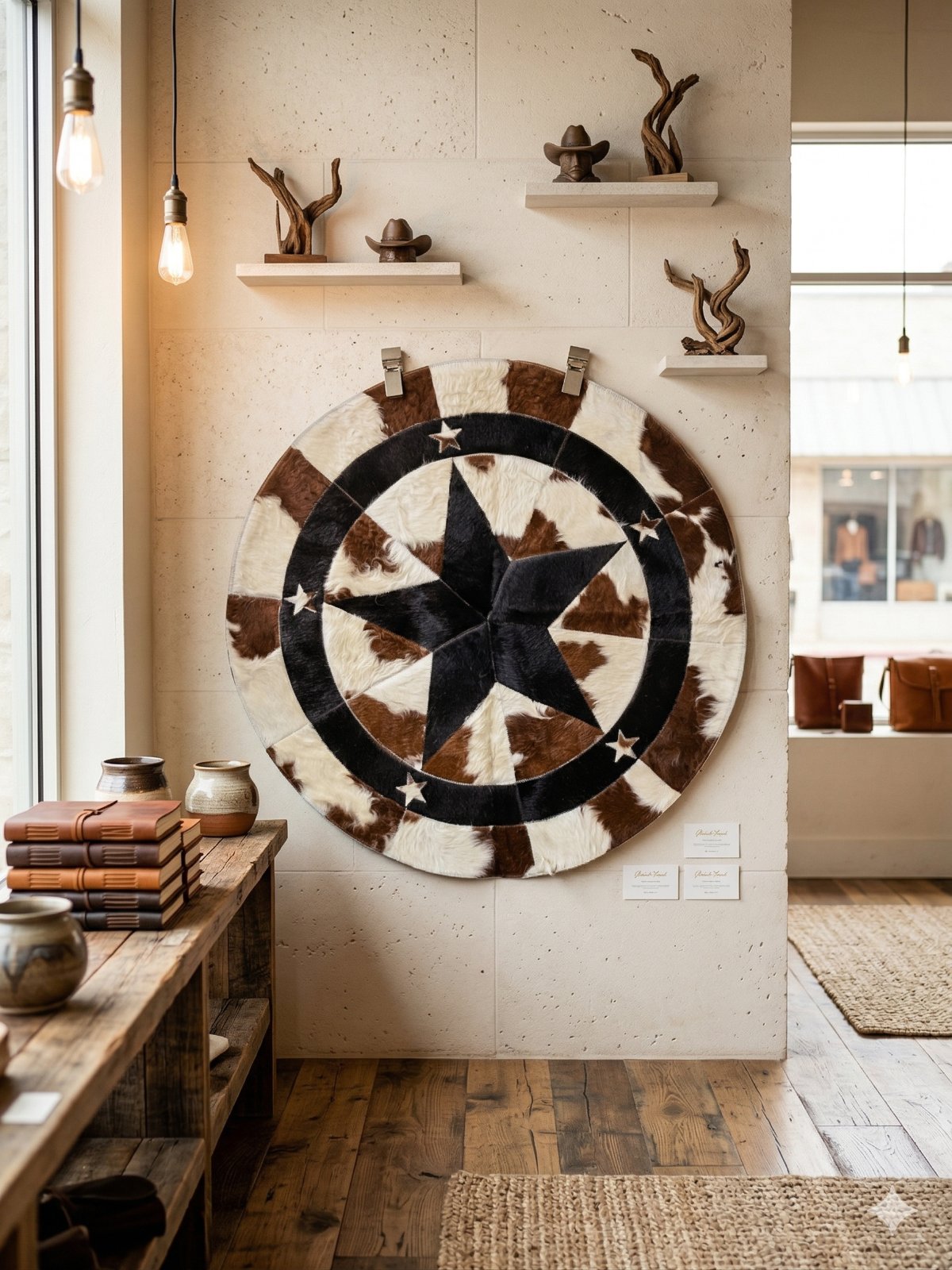rug circle, hand crafted circle leather star, 3x3
