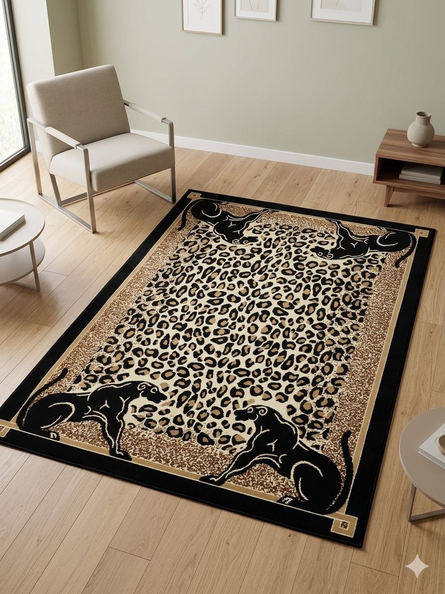 5x8 Panther Double African Area Rug, afrobohemian African figurative design