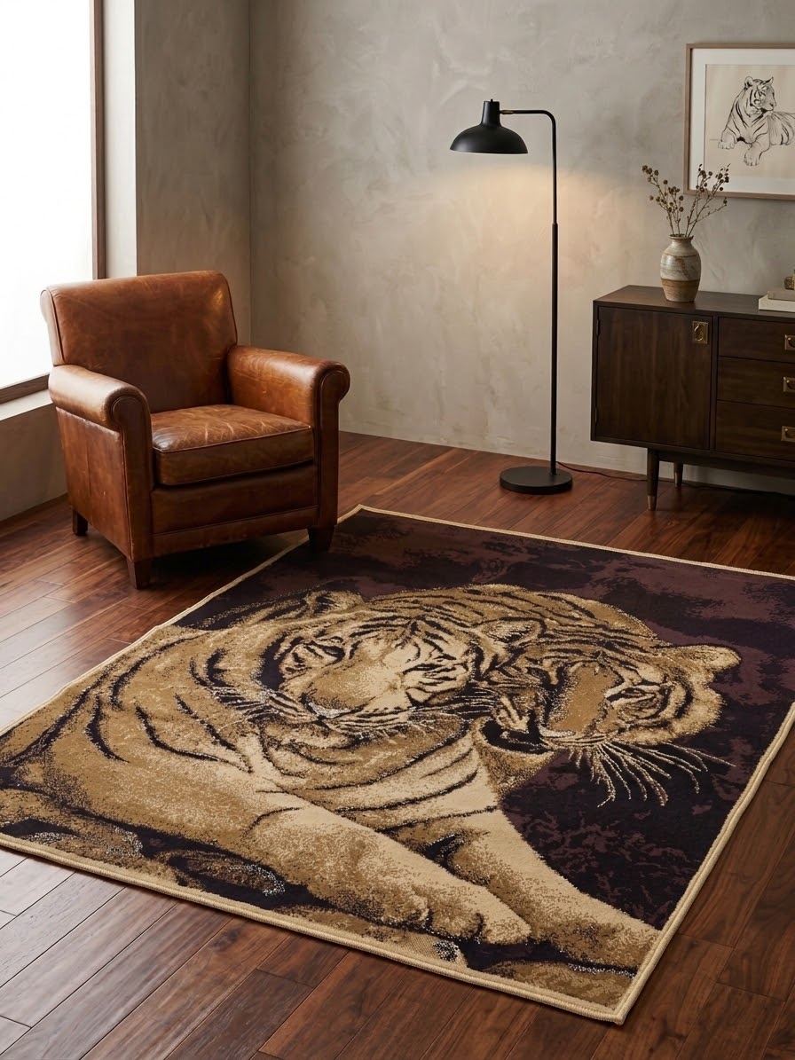 5x8 Black Two Tiger Area Rug
