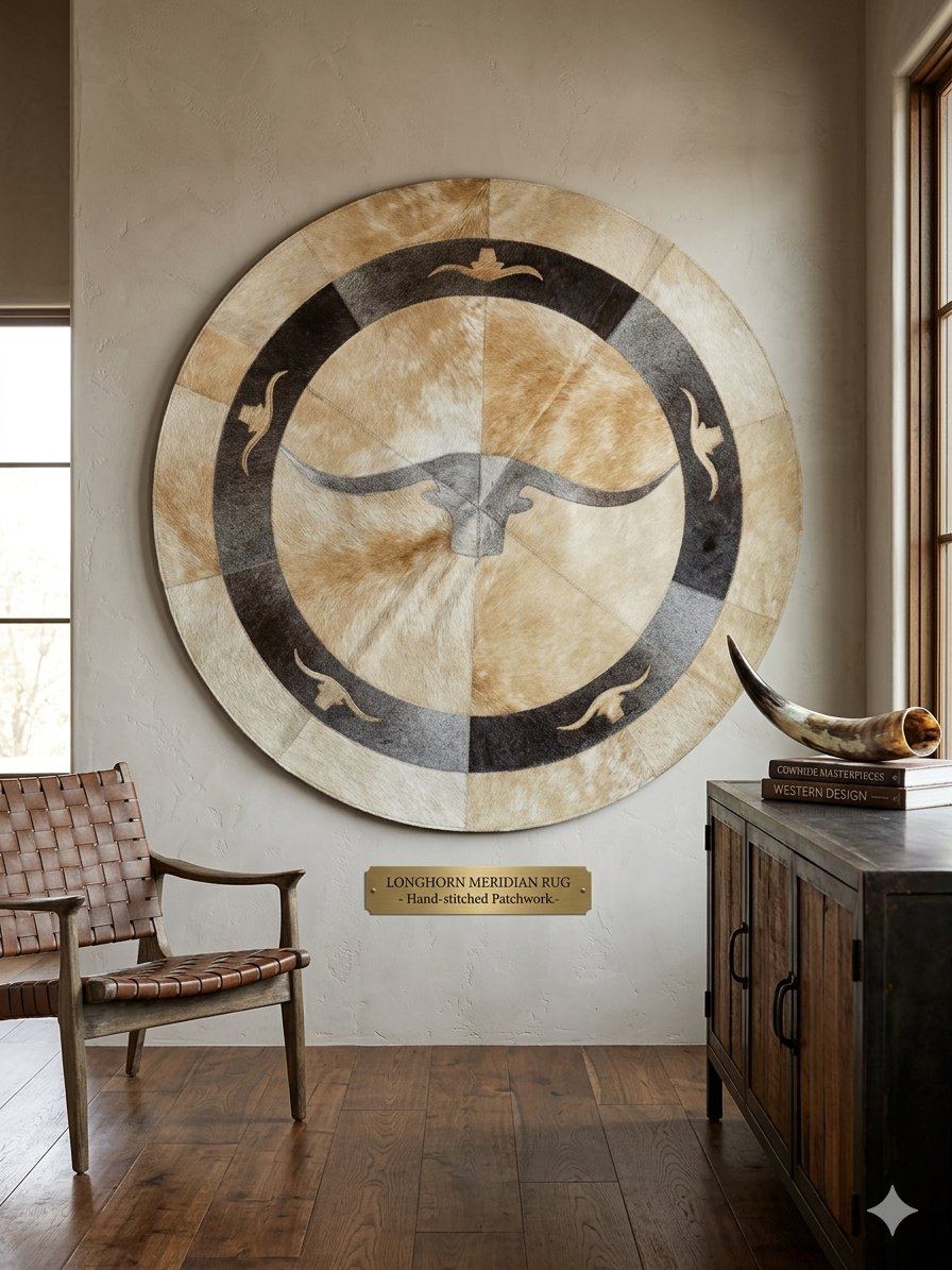 3x3 Round Longhorn Cowhide Area Rug